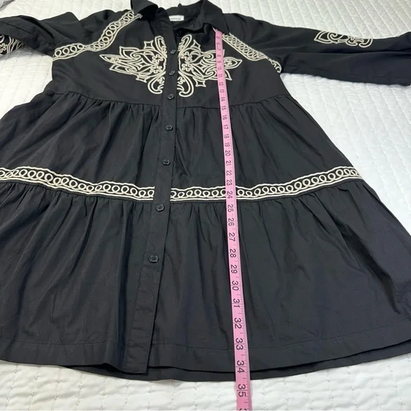 Elegant Button Down Black and Cream Embroidered Long Puff Sleeve Mini Dress - Picture 7 of 16